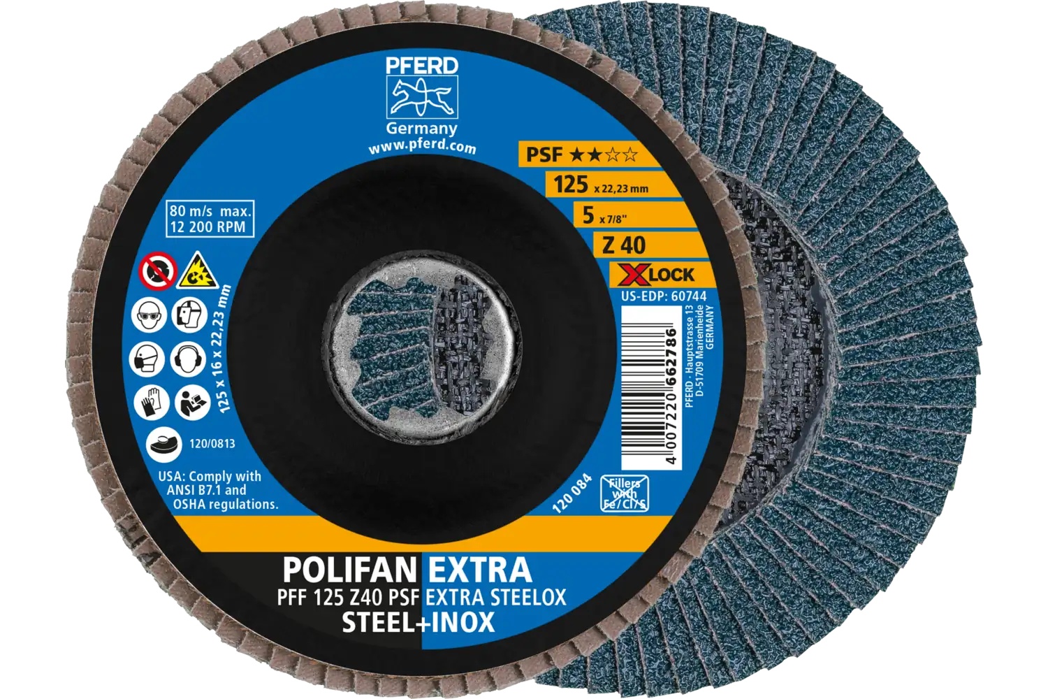 Picture of Pferd Flap Disc, 5", X-Lock, Z PSF Extra Steelox, 40 Grit, T27, Flat, Zirconia